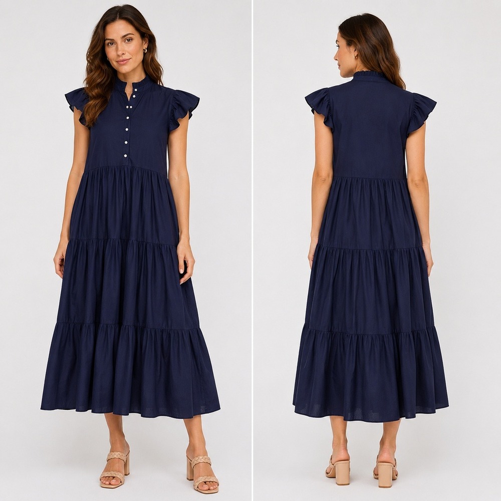NWT Lilbelle Lou Midi Dress Solid Navy Blue Cotton Tiered Ruffle Cap Sleeve S/M